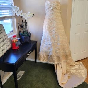 Beaded ruffle layer champagne color A-line wedding gown